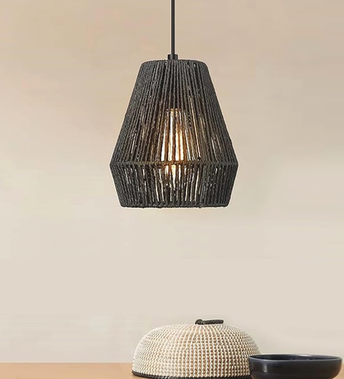 Rattan Seagrass Raffia Kauna Wicker Lamp, Handwoven Pendant, Black, 75" D x 9'H