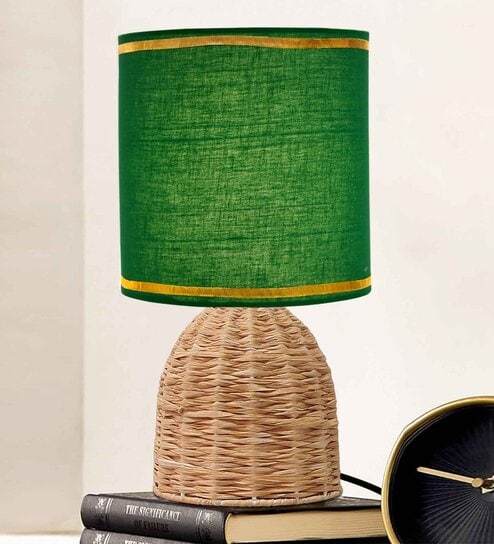 Rattan Metal Table Lamp With Fabric Shade (Green & Beige)