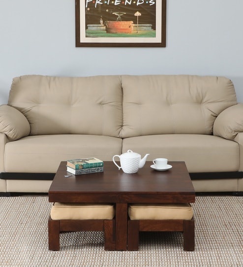 Rauma Mango Wood Coffee Table Set In Walnut Finish With 4 Stool