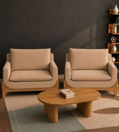 Raya Custom Wooden Upholstered 1+1 Seater Sofa Set In Beige Colour