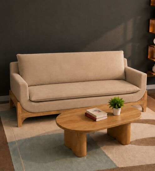 Raya Custom Wooden Upholstered Two Seater Sofa Set In Beige Colour