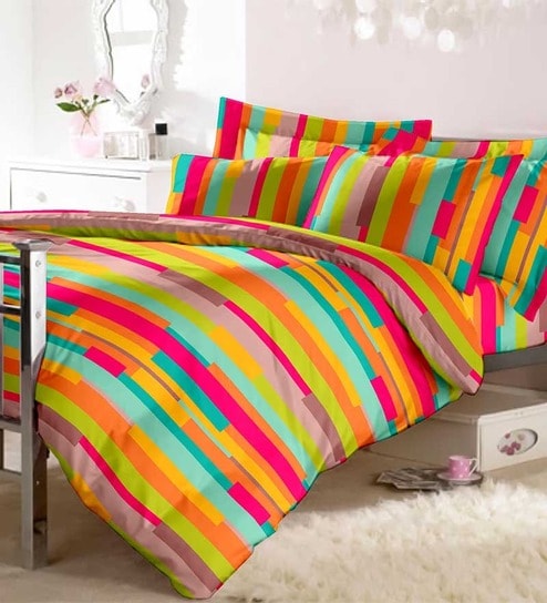 Buy Raymond Multi Coloured Stripes Cotton Double Bedsheet With 2