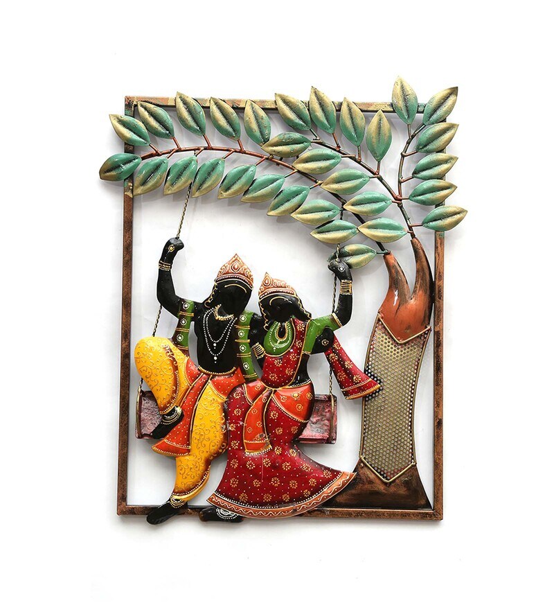 Collectible India Peacock Design Radha Krishna Idol Showpiece With Diya