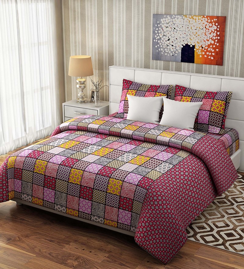 Buy Rago Pop Red Yellow Cotton Check Bed Sheet Set With Pillows