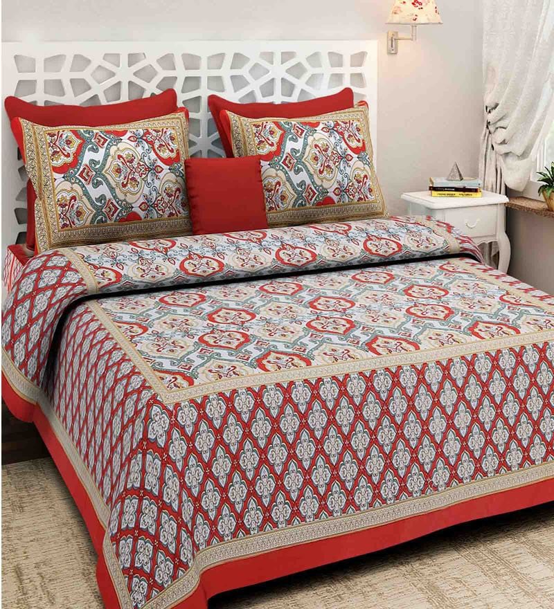 Buy Multicolour Cotton Screen Print Floral Rajasthani King Bed Sheet