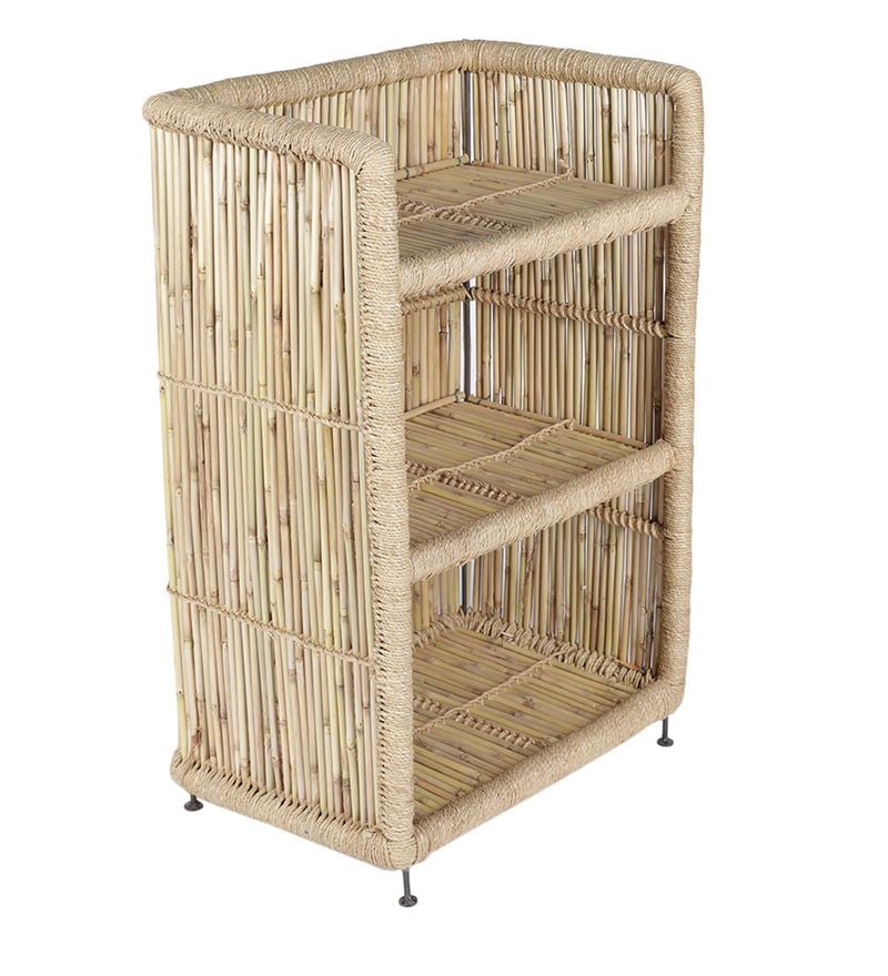 Buy Ethnic 3 Tier Cane Open Shoe Rack in Beige Finish Online Open