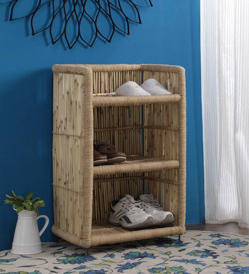 Buy Ethnic 3 Tier Cane Open Shoe Rack in Beige Finish Online Open