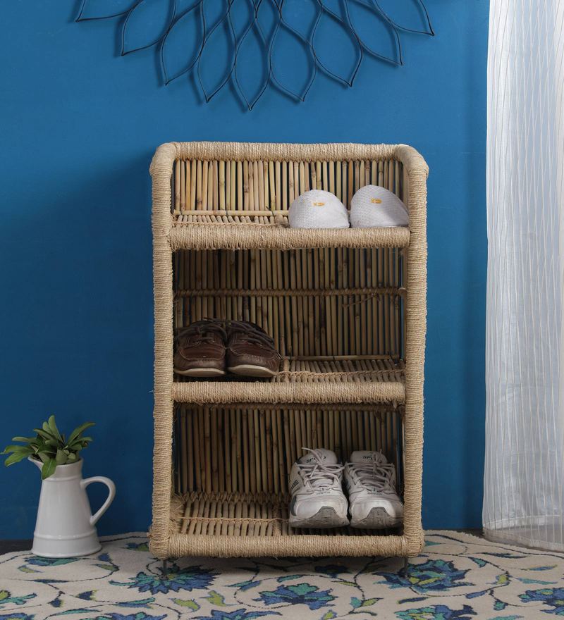 Buy Ethnic 3 Tier Cane Open Shoe Rack in Beige Finish Online Open