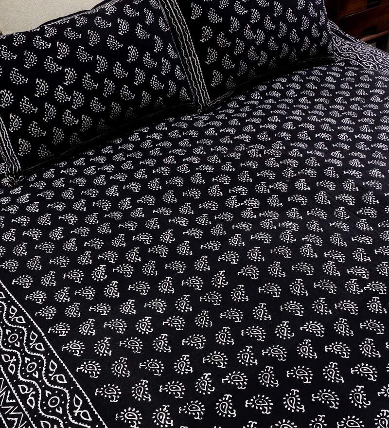 Buy RangDesi Black Cotton Kalamkari 108 x 91 Inch Double Bed Sheet