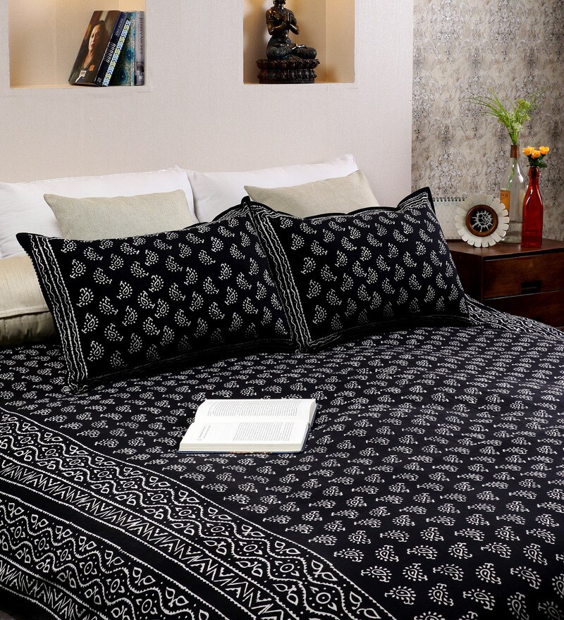 Buy RangDesi Black Cotton Kalamkari 108 x 91 Inch Double Bed Sheet