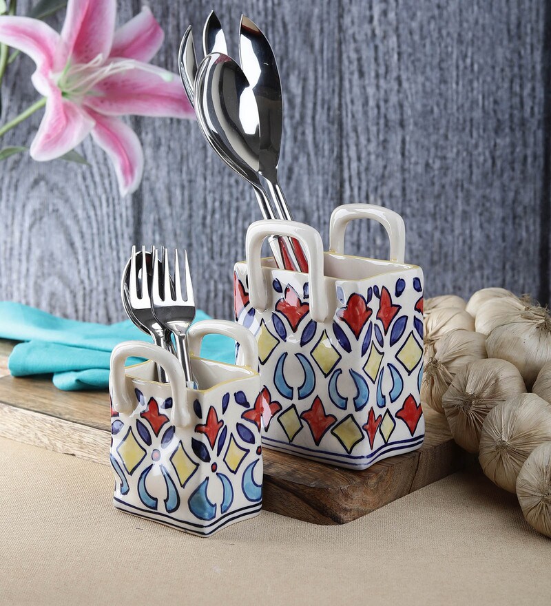 Buy Yellow Ceramic Cutlery Holders Set of 2 by VarEesha Online Cutlery Holders Cutlery