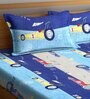 Racing Car Themed Double Bedsheet with 2 Pillow Covers in Blue Colour