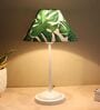 Radient Aura White Metal Table Lamp With Palm Print Satin Shade