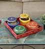 RAJASTHANI WOODEN DRY FRUIT TRAY WITH 4 STAINLESS STEAL BOWLS INSIDE (REMOVABLE), ROTATABLE TRAY, HANDPAINTED,EASYCLEAN