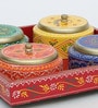 RAJASTHANI WOODEN DRY FRUIT TRAY WITH 4 STAINLESS STEAL BOWLS INSIDE (REMOVABLE), ROTATABLE TRAY, HANDPAINTED,EASYCLEAN