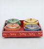 RAJASTHANI WOODEN DRY FRUIT TRAY WITH 4 STAINLESS STEAL BOWLS INSIDE (REMOVABLE), ROTATABLE TRAY, HANDPAINTED,EASYCLEAN