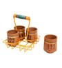 Handpainted Yellow  Terracotta, Wood & Metal 5 Pcs Kullad With Metal Stand
