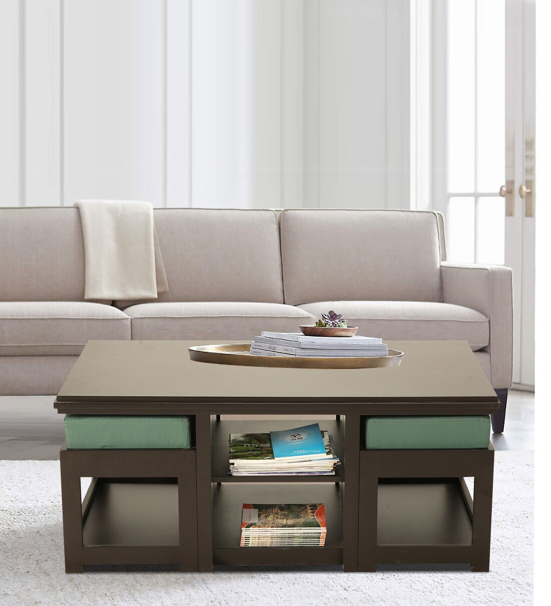 Rectangle coffee table on sale with nesting stools