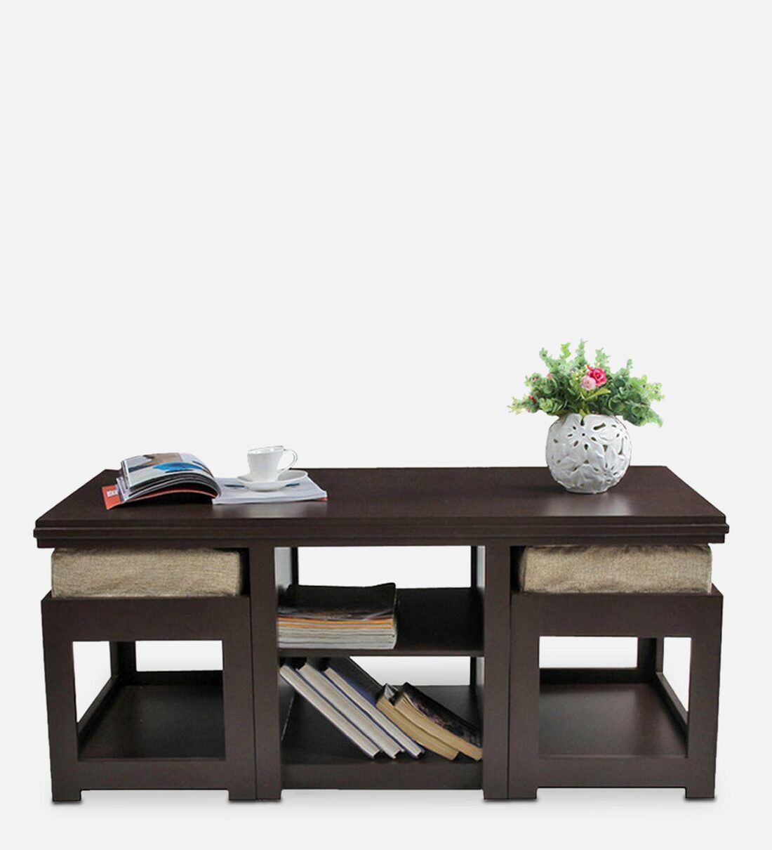 Buy Rectangular Coffee Table with 2 Cushioned Stools in Brown Colour by