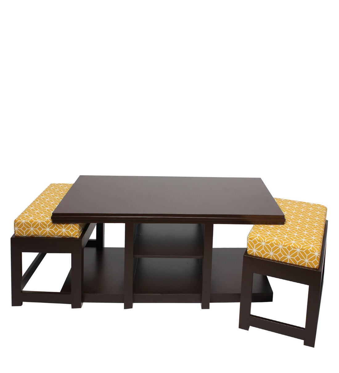 Buy Rectangular Coffee Table with 2 Cushioned Stools in Ochre Colour by