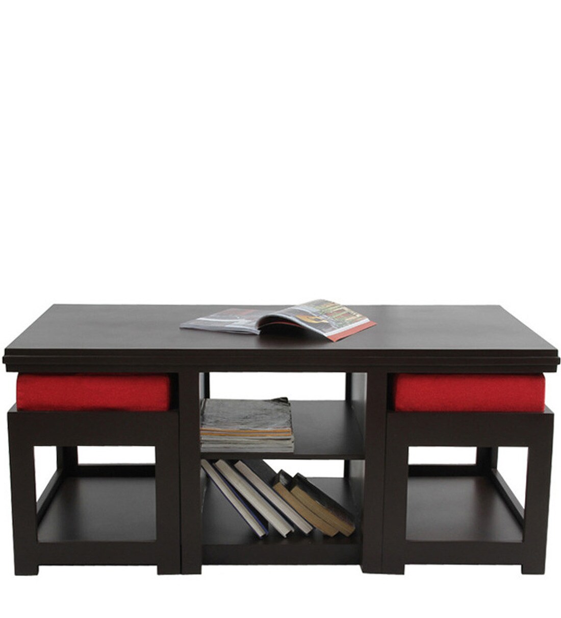 Buy Rectangular Coffee Table with 2 Red Cushioned Stools in Brown