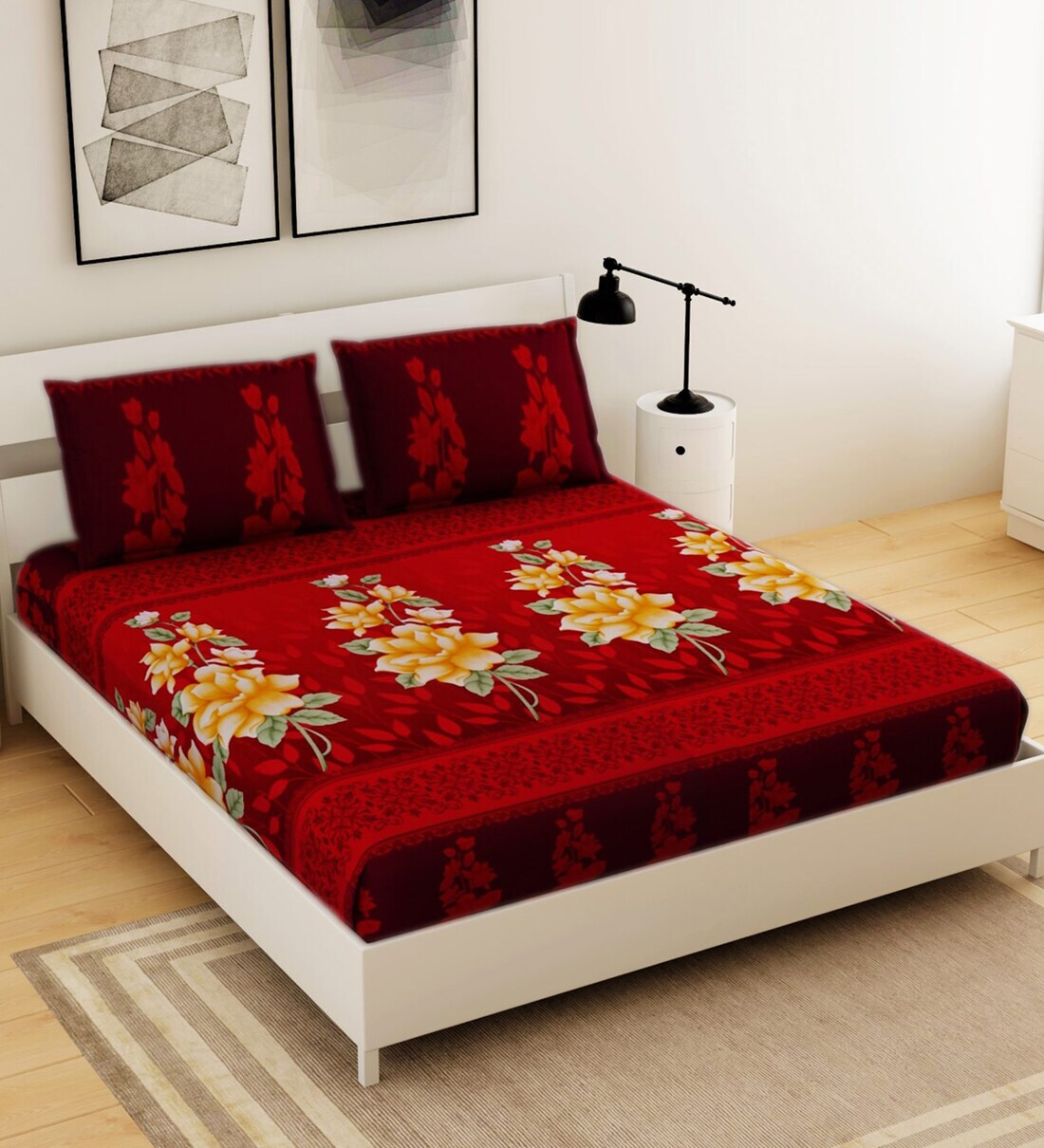 Buy Red 100 Cotton Floral Printed 120 TC 1 King Size Bedsheet With 2