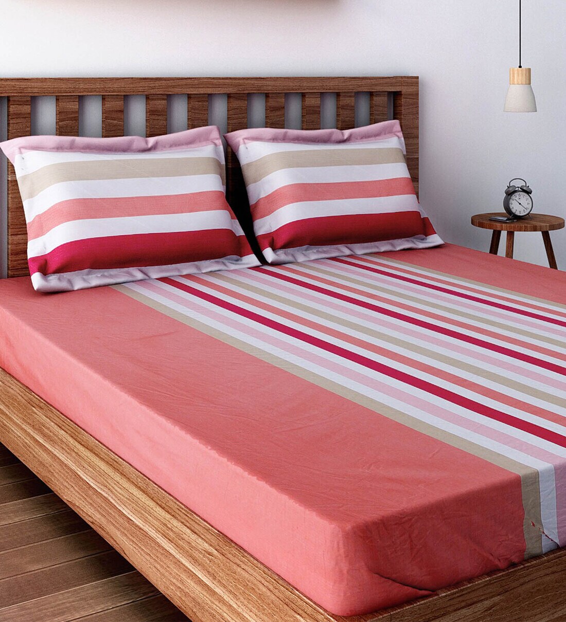 Buy Red 240 TC Stripes Print Cotton Single Bed Sheet with 1 Pillow