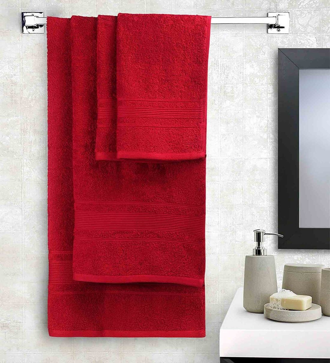 Buy Red Solid 500 GSM Cotton 4 Pieces Towel Set by Hosta Homes Online Solid Colour Towels Sets