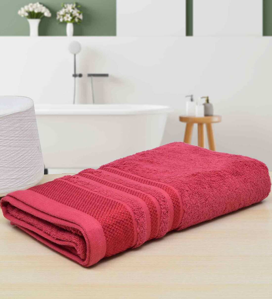 Buy Red 650 GSM Cotton Bath Towel by Rangoli Online Solid Colour Bath