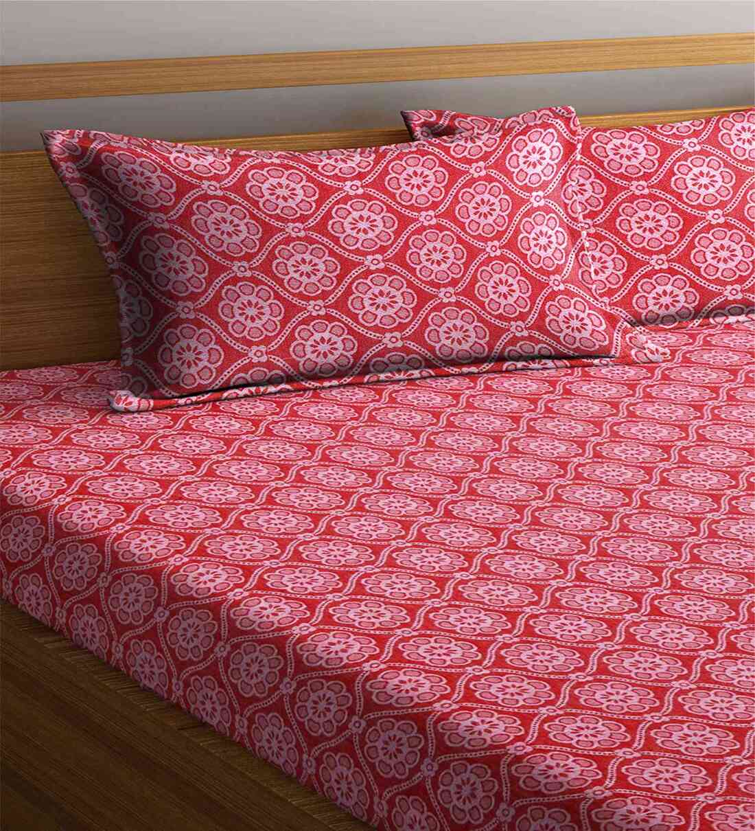 Buy Red Abstract 300 TC Pure cotton 1 King Sized Double Bedsheet With 2