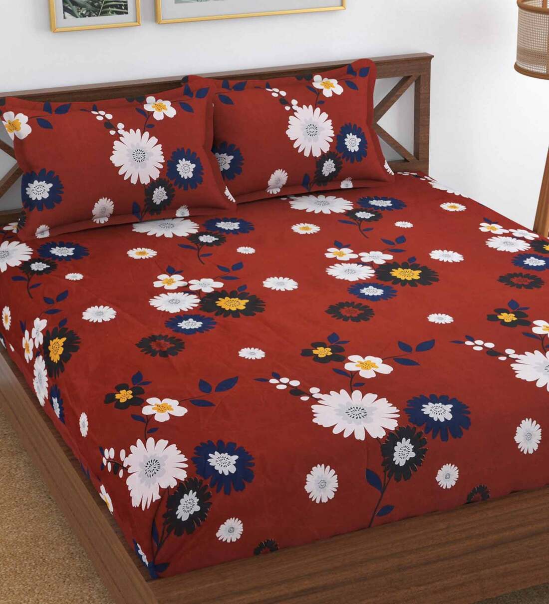 Buy Red Floral TC 160 Poly Cotton King Size Bed Sheet With 2 Pillow