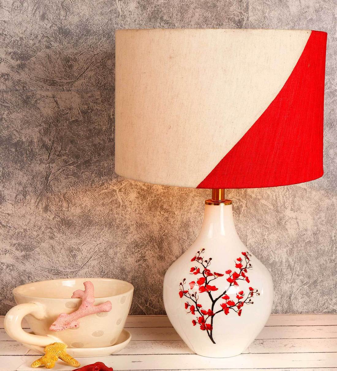 Buy Red Fabric Shade Table Lamp with White Base by Grated Ginger at 27
