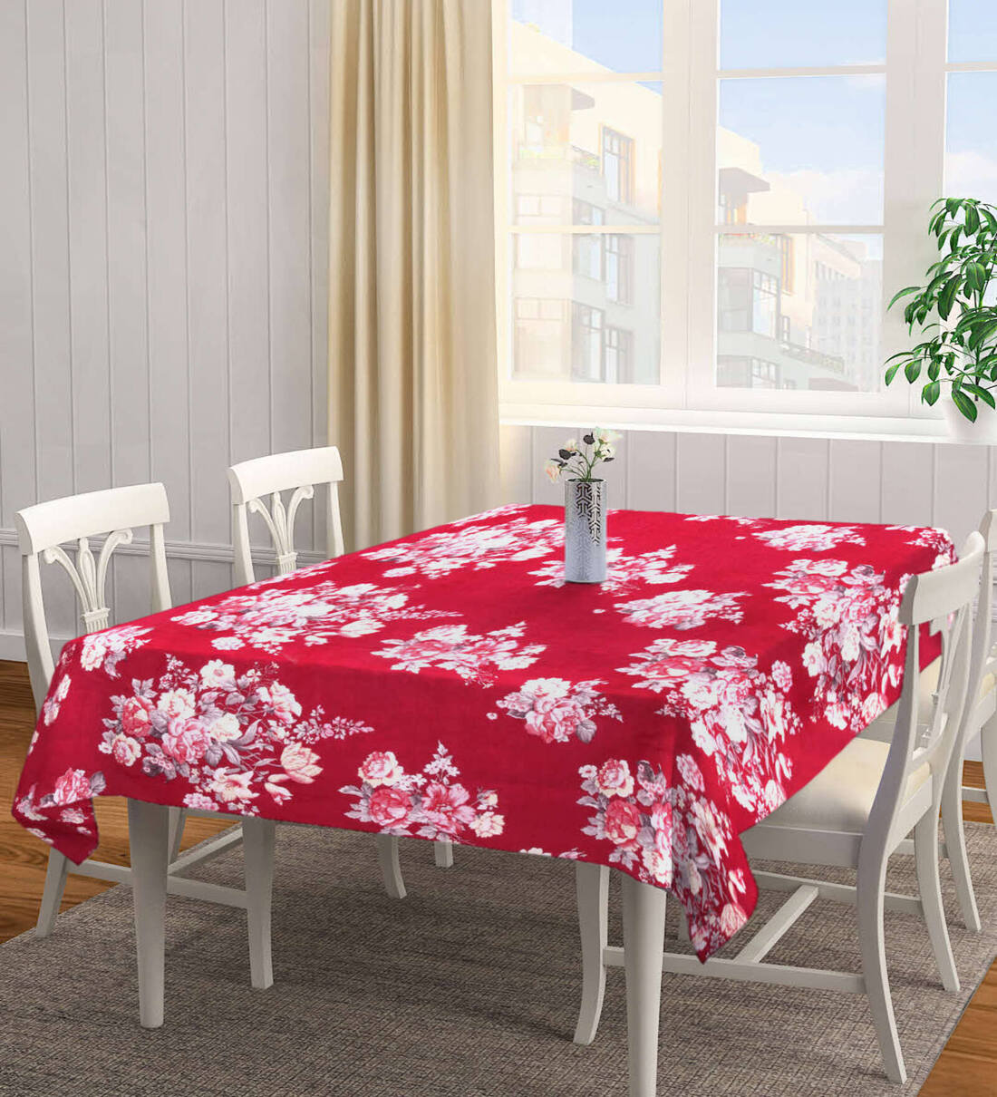 Buy Red Cotton Blend Floral 72x52 Inches Table Cloth by Arrabi Online