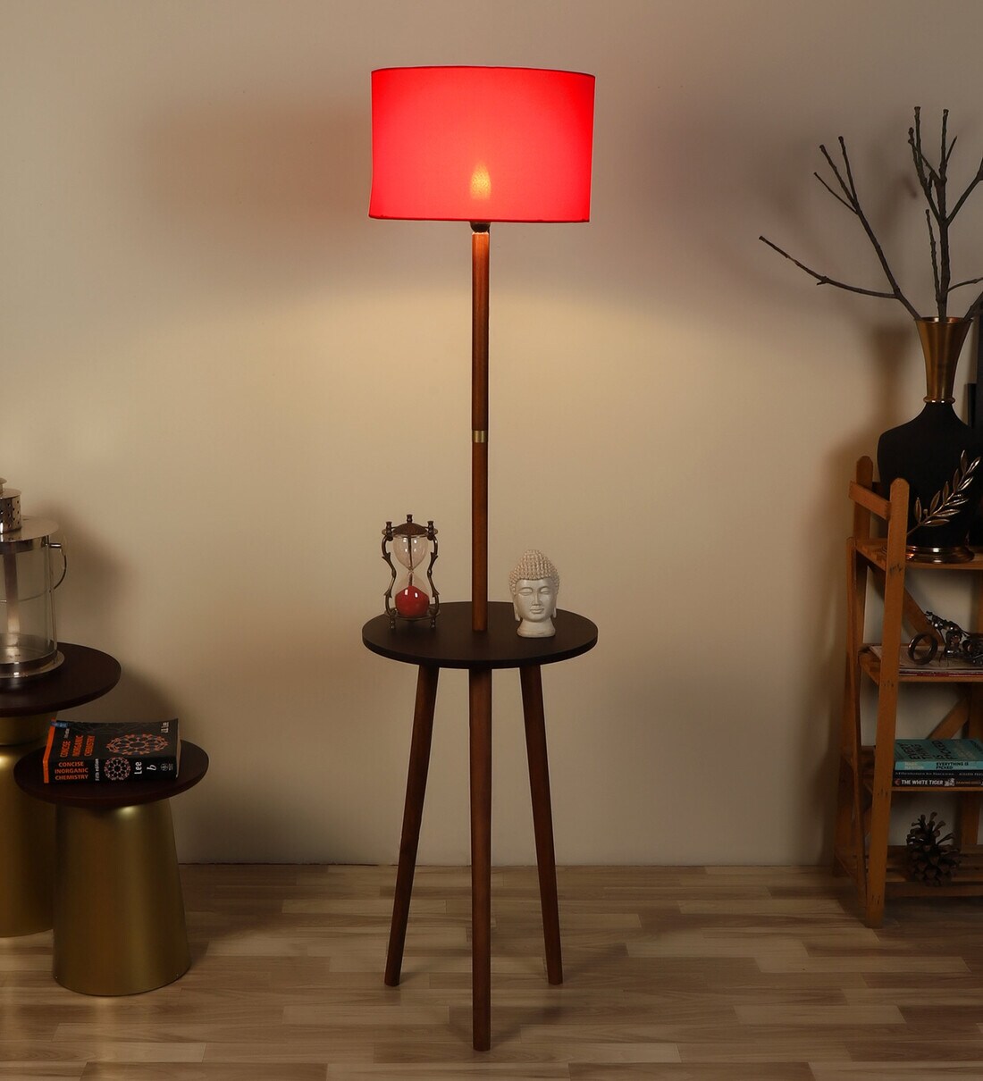 Buy Red Cotton Shade Shelf Floor Lamp with Walnut Base by Pristine Interiors at 65 OFF by