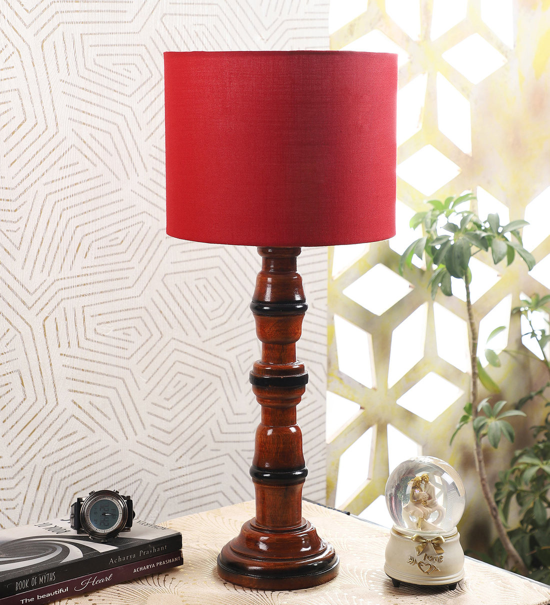 Buy Red Cotton Shade Table Lamp with Wood Base by Tu Casa Online