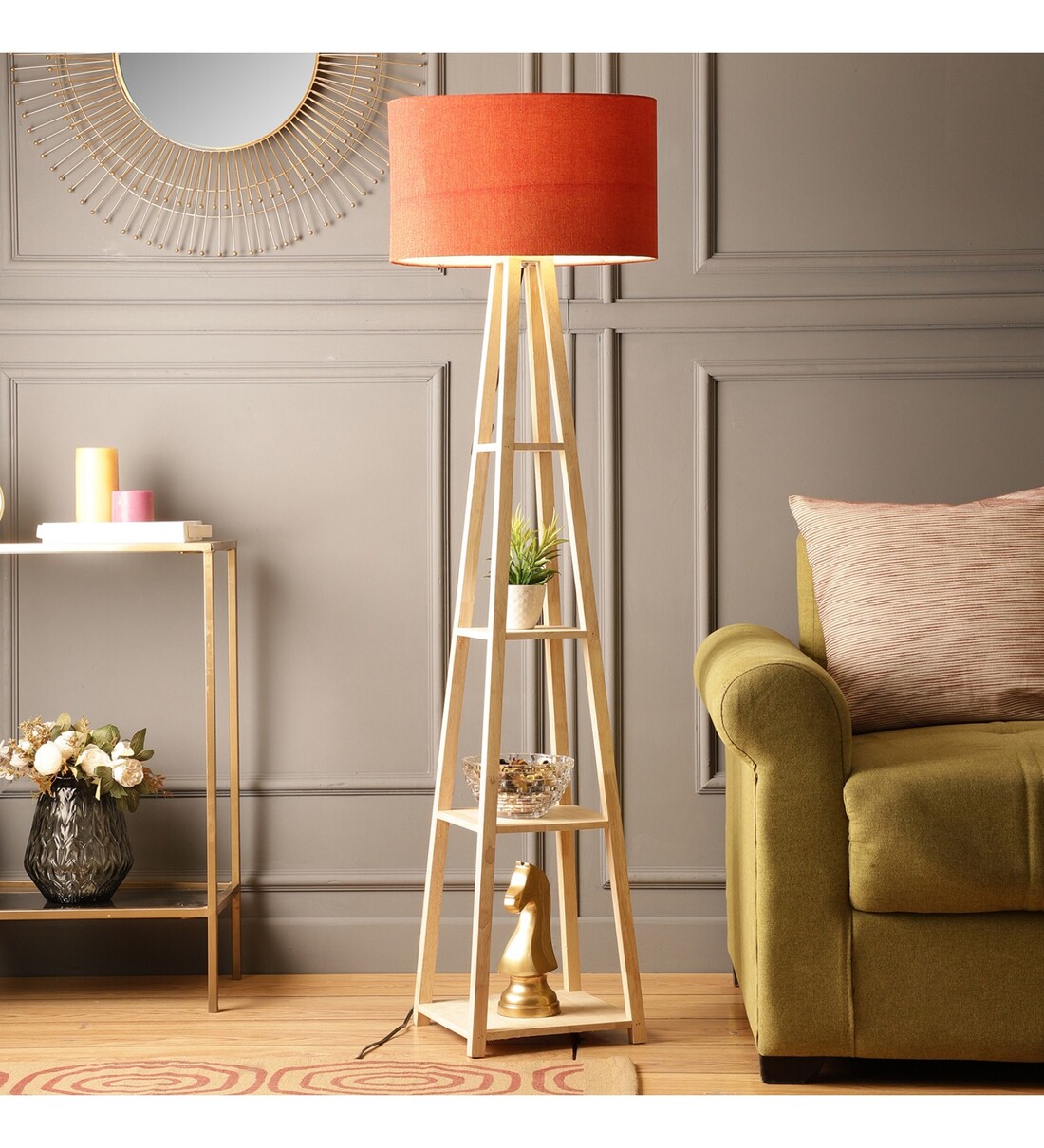 Buy Peri Red Fabric Shade Shelf Floor Lamp With Wood Base By Sanded