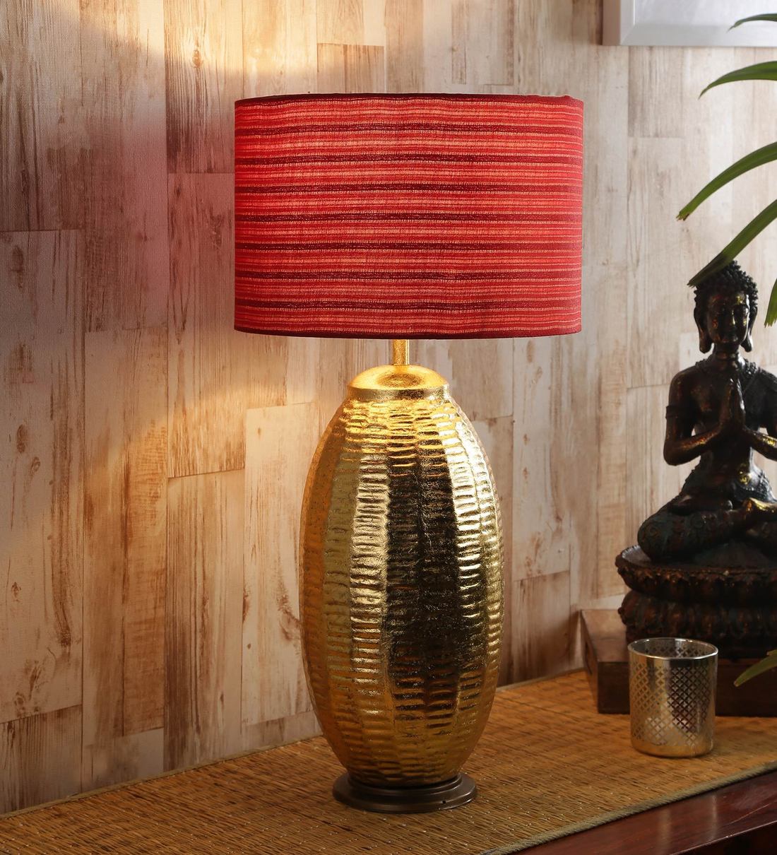 Buy Red Fabric Shade Table Lamp with Gold Base by Courtyard Online