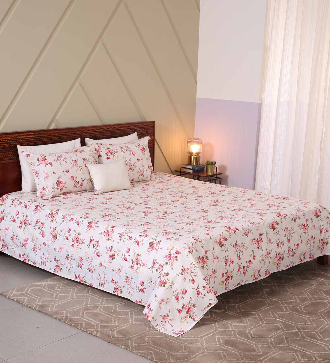 Buy Red Floral 120 TC Cotton King Sized Bed Sheets with 2 Pillow Covers by Raymond Home at 30