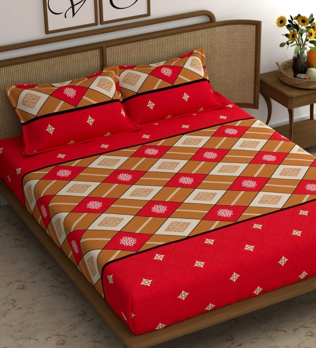 Buy Red Geometric 180 TC Microfiber Double Queen Bedsheet With 2 Pillow