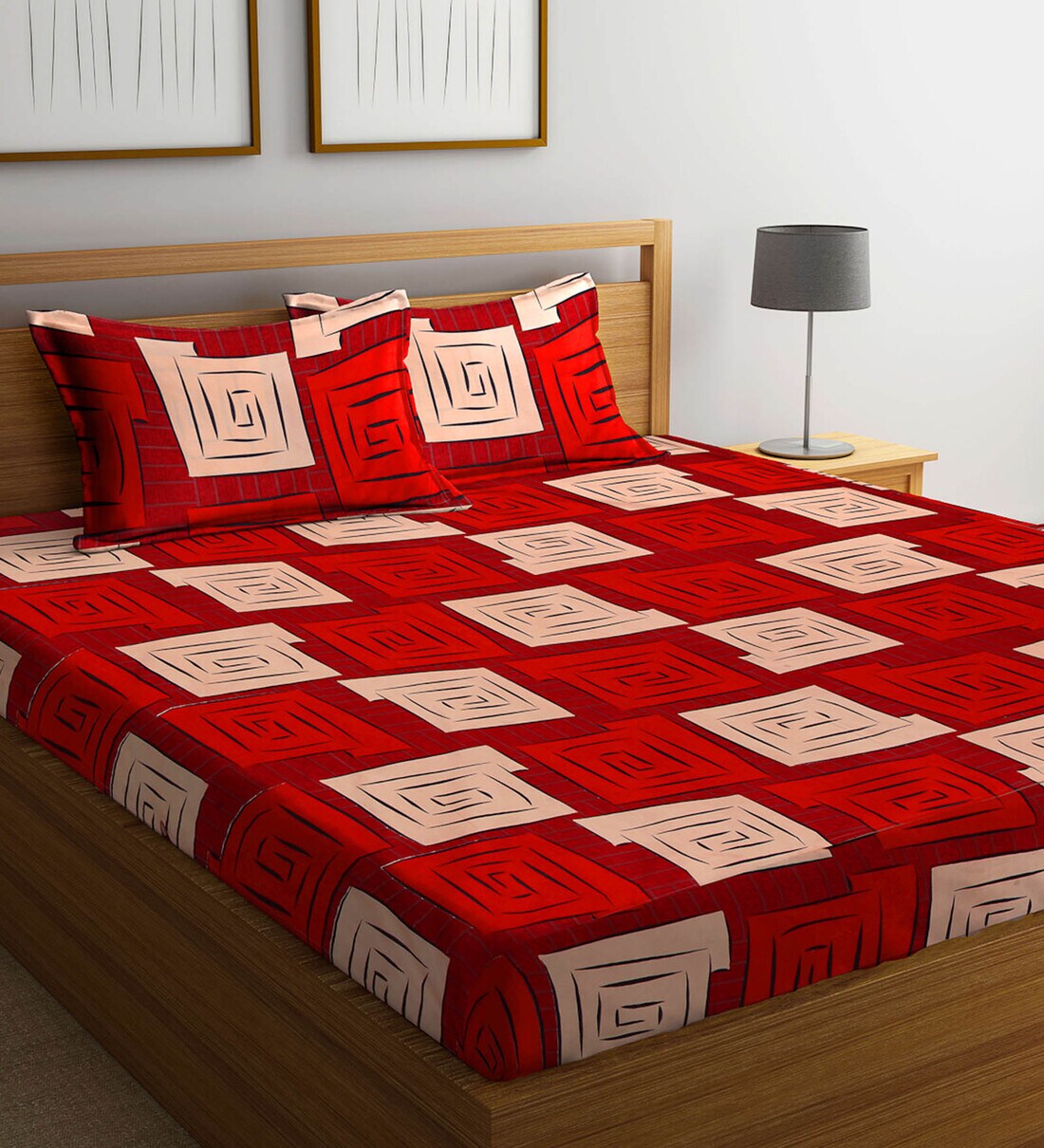 Buy Red Geometric Tc 300 Cotton Blend Queen Size Bedsheet With 2 Pillow Covers By Arrabi At 68