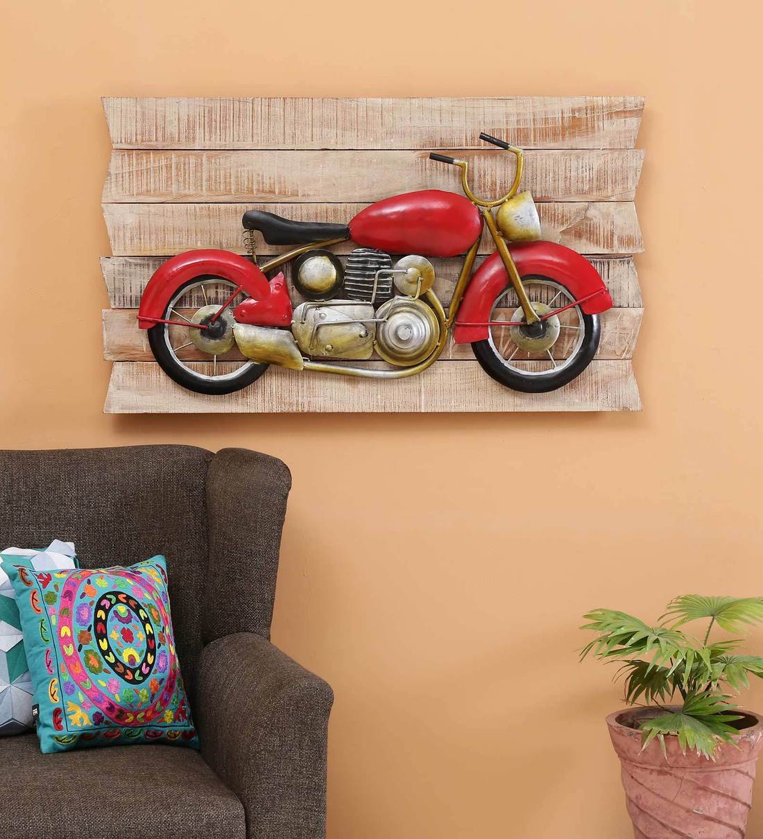 Buy Red Metal And Wood Antique Bike Wall Art By Malik Design Online Automobile Metal Art Metal Wall Art Home Decor Pepperfry Product