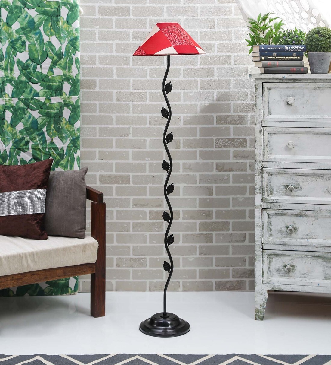 Buy Red Fabric Shade Floor Lamp with Black Base by Tu Casa Online