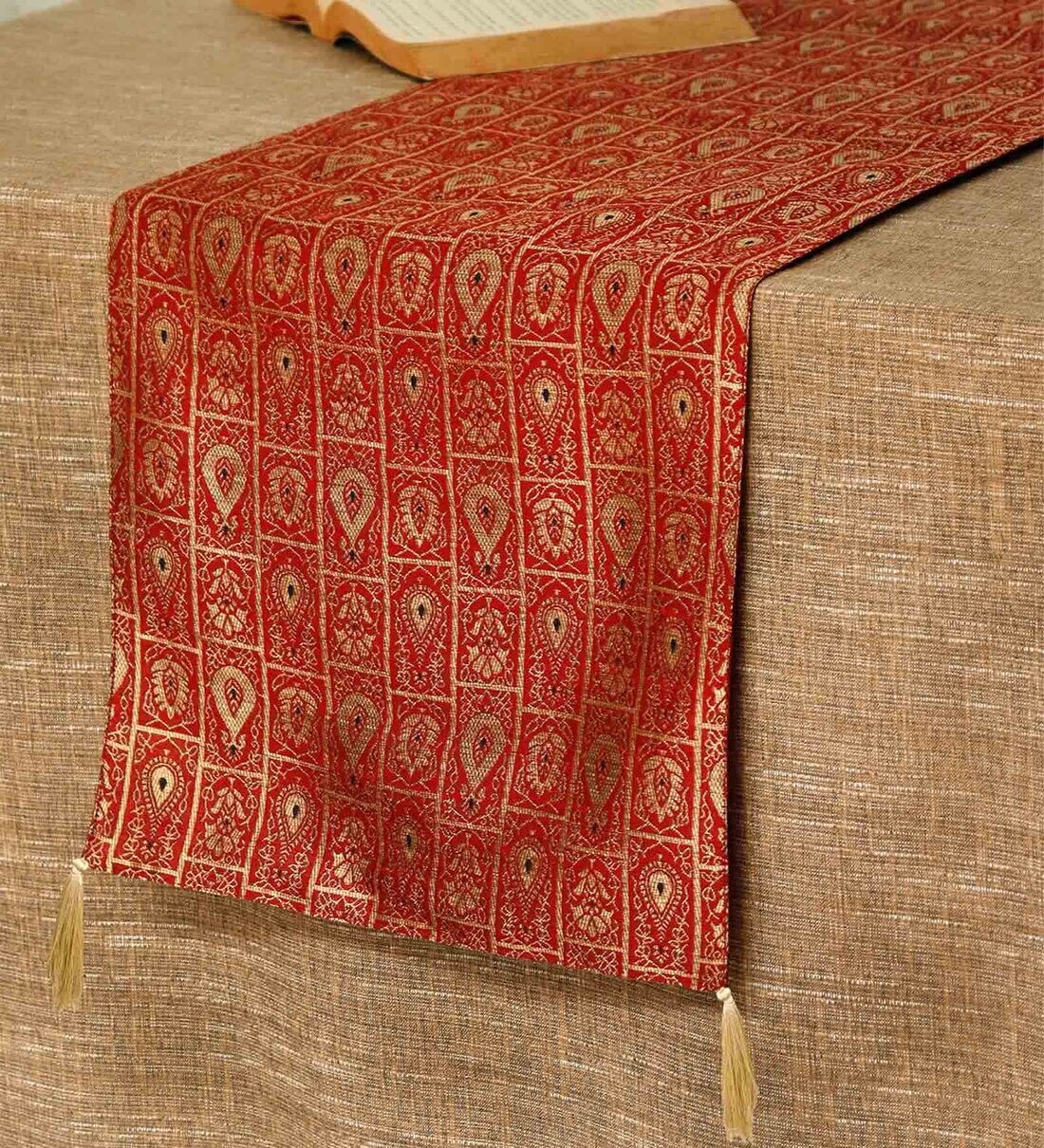 Buy Red Polyester Floral 84x12 Inches Table Runner by Zeba Online