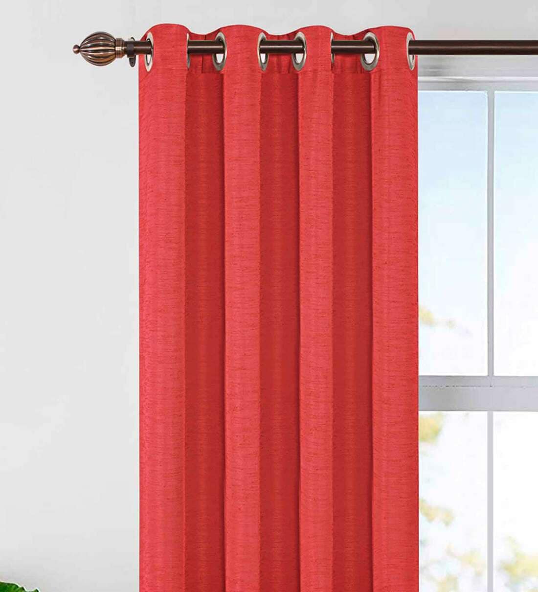 Buy Red Polyester Solid 5 Ft Blackout Eyelet 2 Window Curtains By Deco