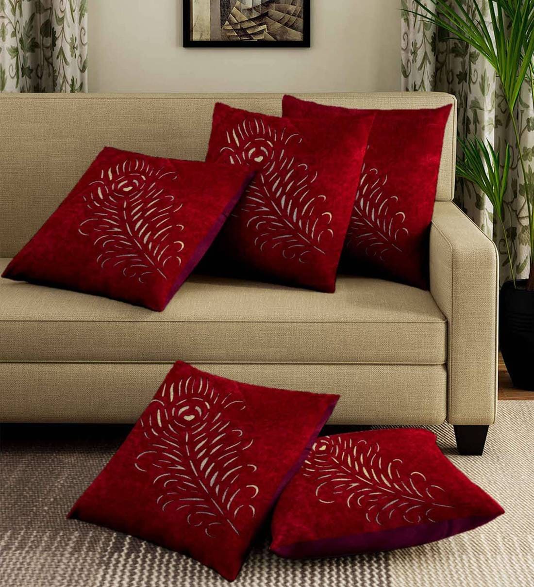 Buy Floral Pattern Polyester Red 16x16 Inch Cushion Covers By Romee