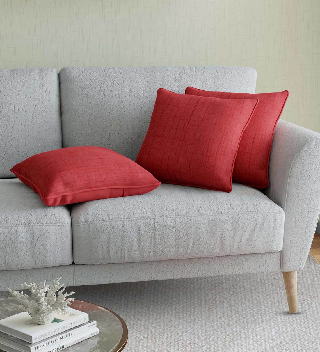 Buy Red Solid Cotton Self Design Cushion Cover by JAIPUR FABRIC Online