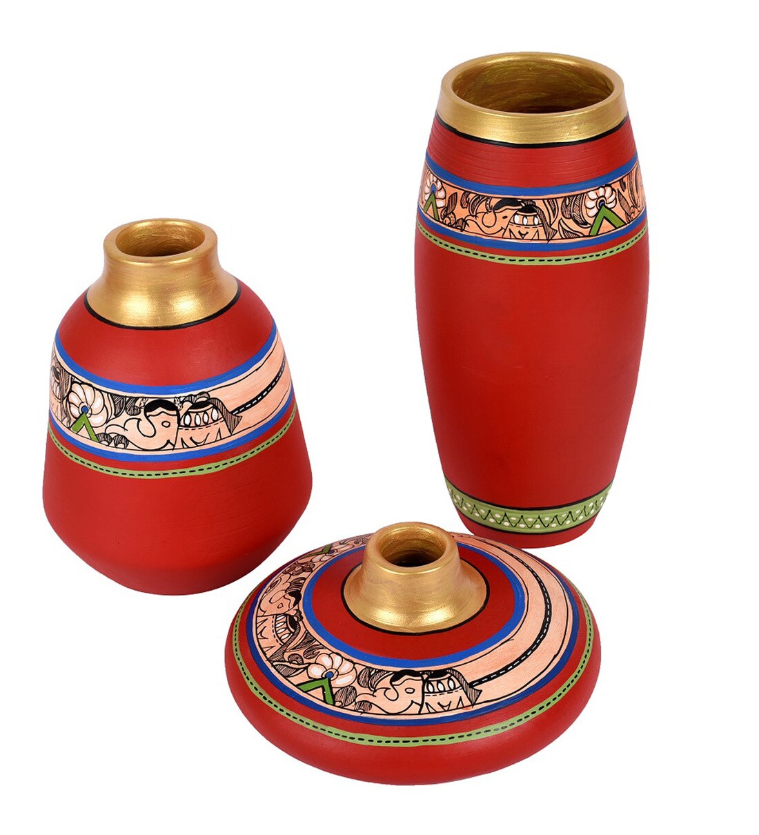 Buy Red Table Terracotta Vases (Set Of 3) by Aakriti Art Creations