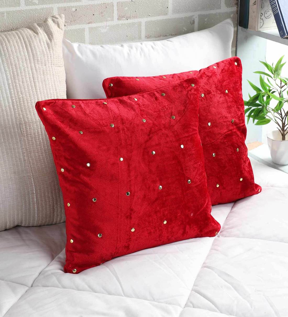 Buy Set of 2 Solid Pattern Velvet Red Cushion Covers 16 x 16 inches by