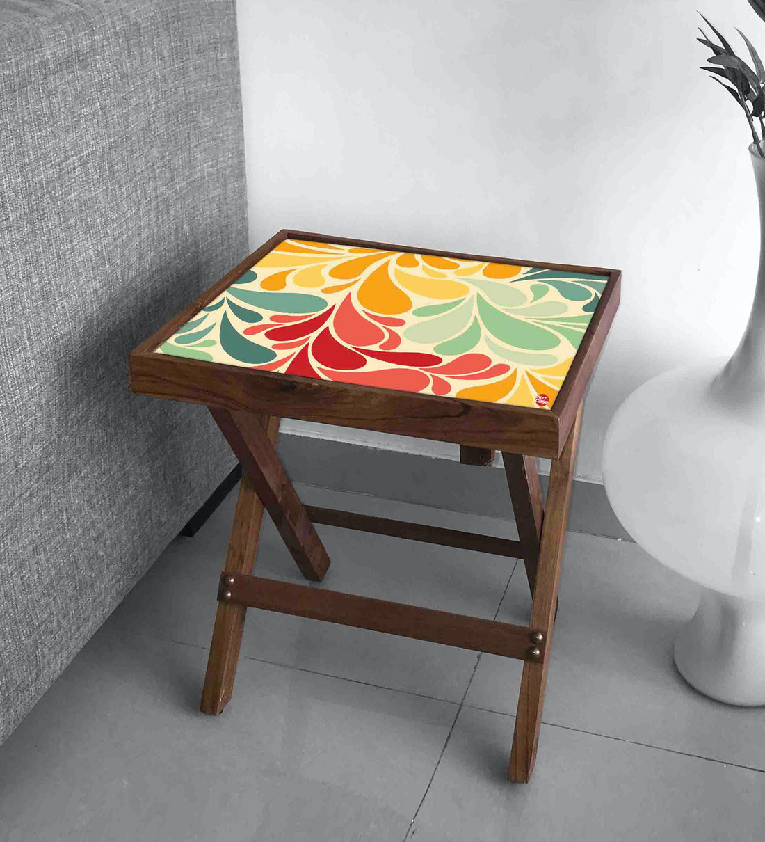 Buy Retro Flower Print Folding End Table In Teak Wood Finish By