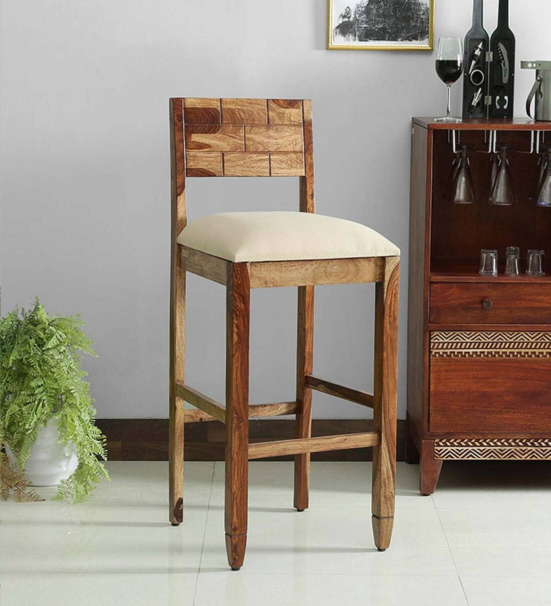 Buy Rezzan Sheesham Wood Full Back Bar Stool In Rustic Teak Finish